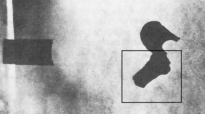 Рис. 3. Пуля «Кировчанка» в 1,5 м от дульного среза; на фото видны половинки поддона и сама пуля (выделена прямоугольником). 
