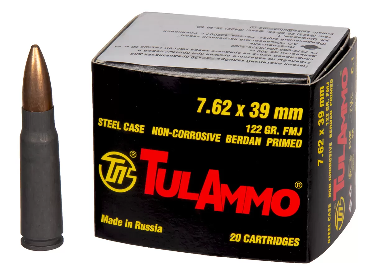 Патрон 7.62х39 TulAmmo FMJ 7.9г/122gr оболочка биметалл,гильза сталь(20 шт)