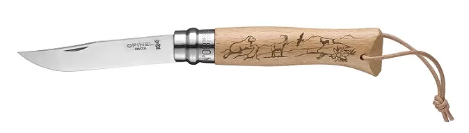 Нож складной Opinel Animalia Chamois 08, нержавеющая сталь,бук,серна,темляк