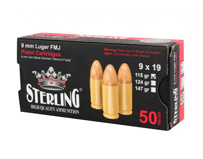 Патрон 9mm Luger Sterling FMJ 7.5г/115gr (50 штук)